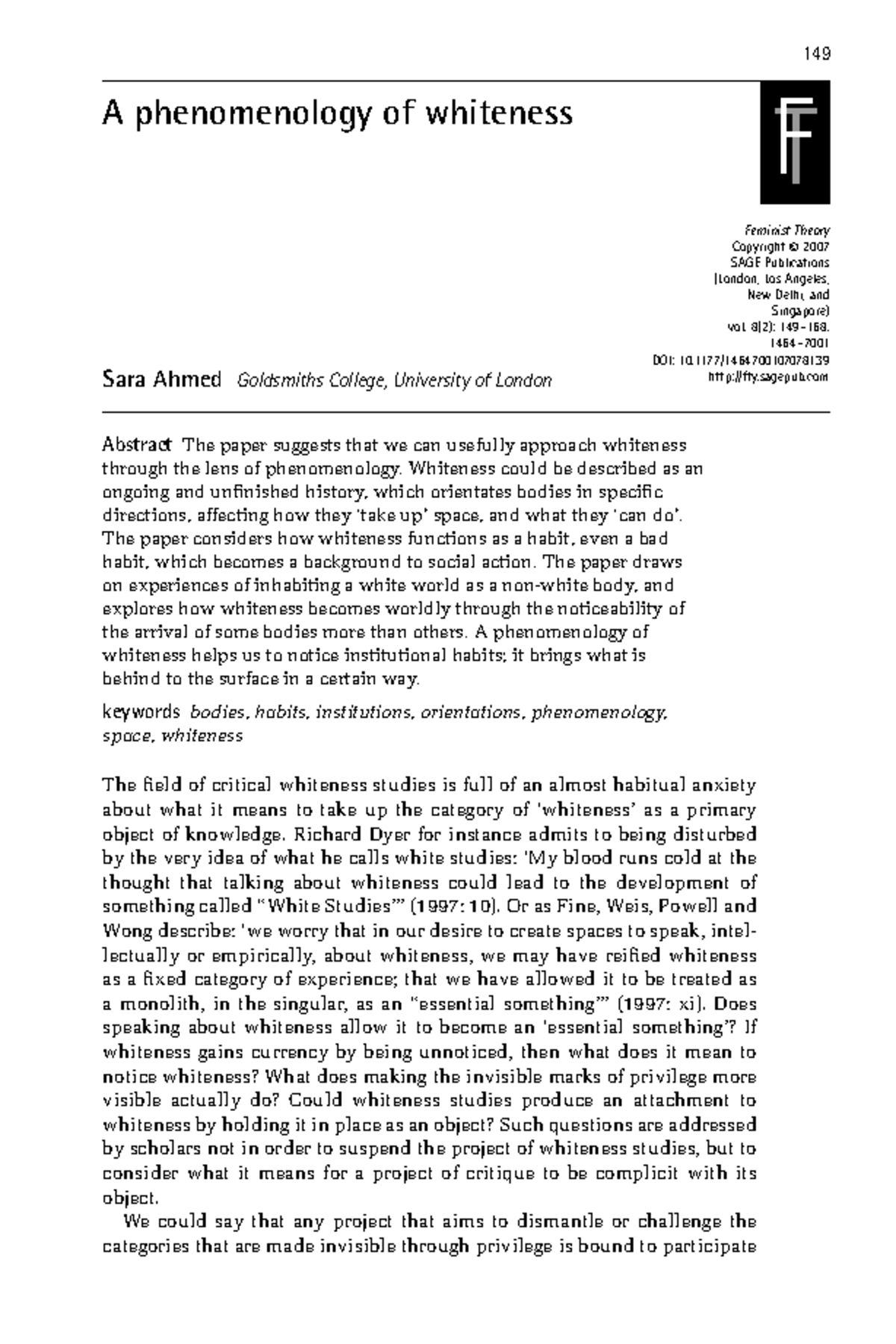 Ahmed Phenomenonology of Whiteness - 149 A phenomenology of whiteness F ...