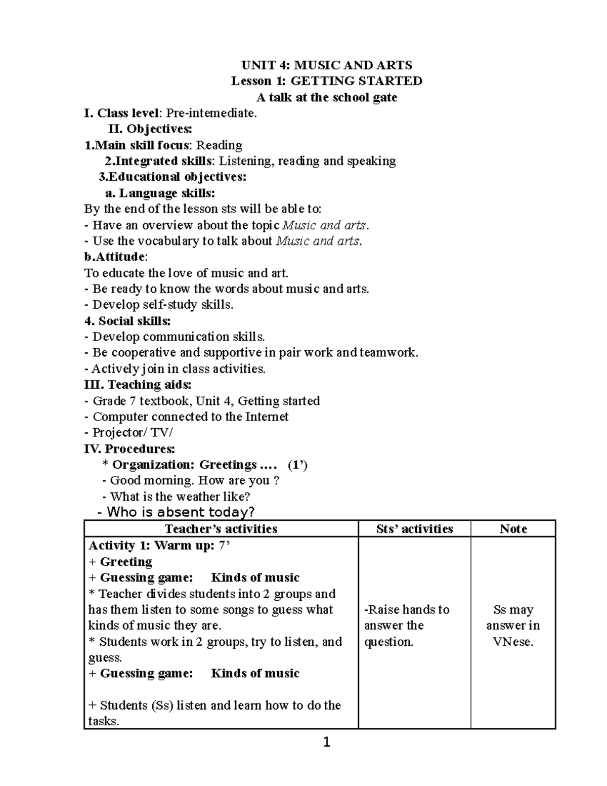 Unit 4-E7 chuẩn - UNIT 4: MUSIC AND ARTS Lesson 1: GETTING STARTED A ...