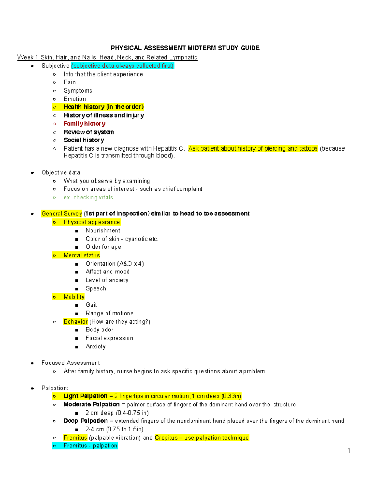 Physical Assessment Final Notes Wk 1 to Wk 8 PHYSICAL ASSESSMENT