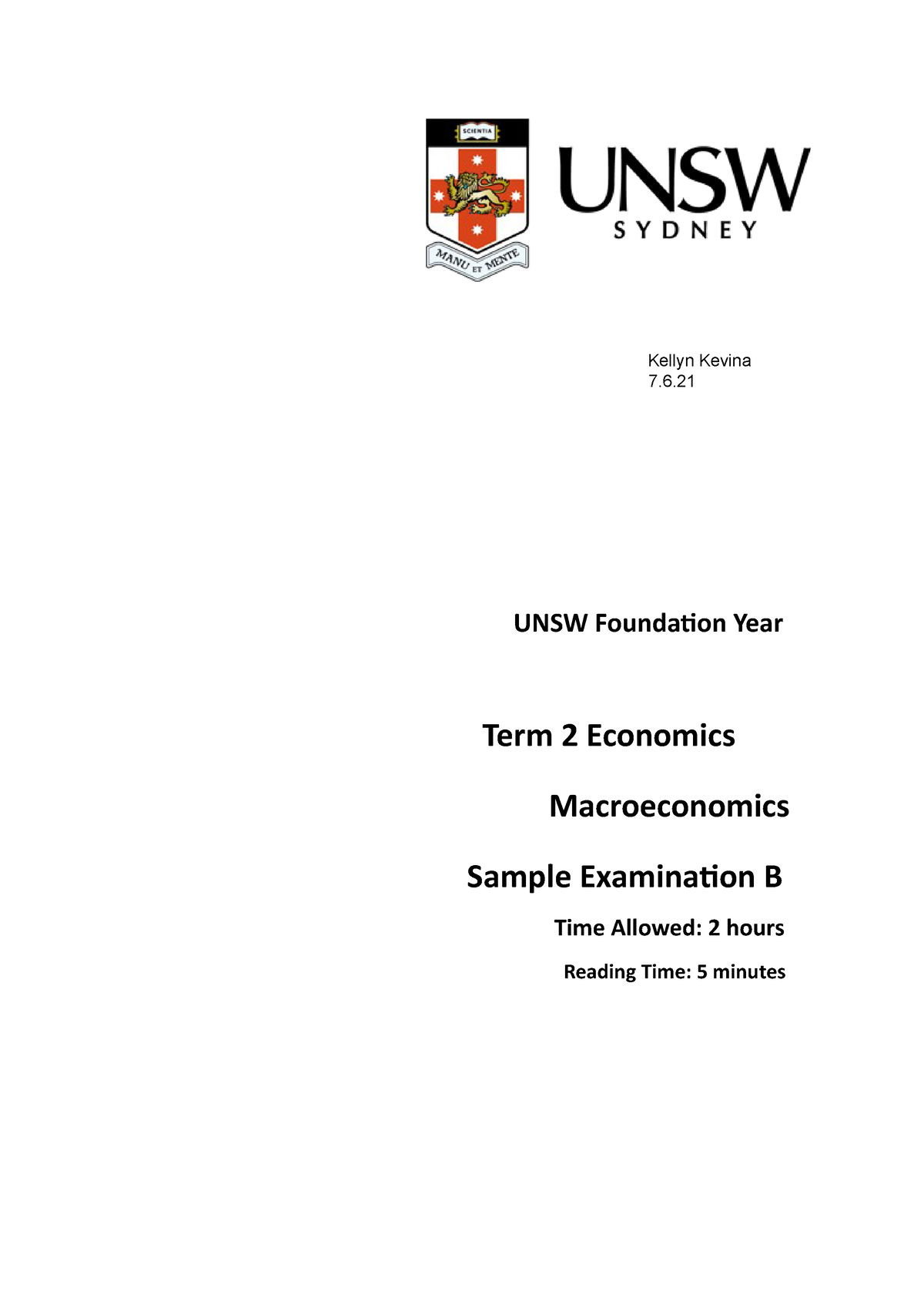 Term 2 Final Examination Sample B - UNSW Foundation Year Term 2 ...