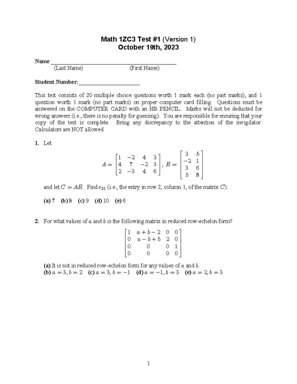 Test1V1 - 2023 Midterm Test 1 Version 1 - Math 1ZC3 Test #1 (Version 1 ...