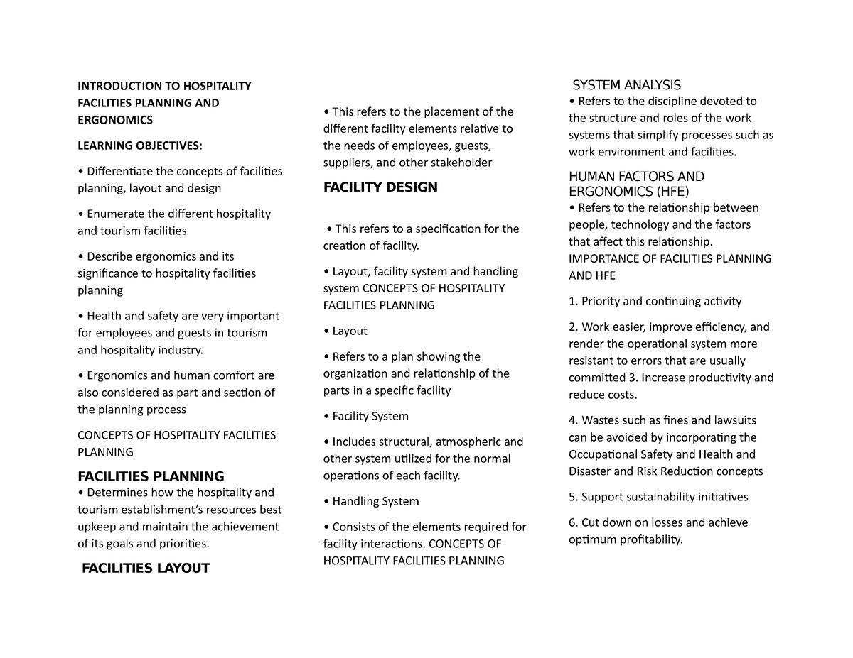 Ergonomics Assignment INTRODUCTION TO HOSPITALITY FACILITIES PLANNING AND ERGONOMICS