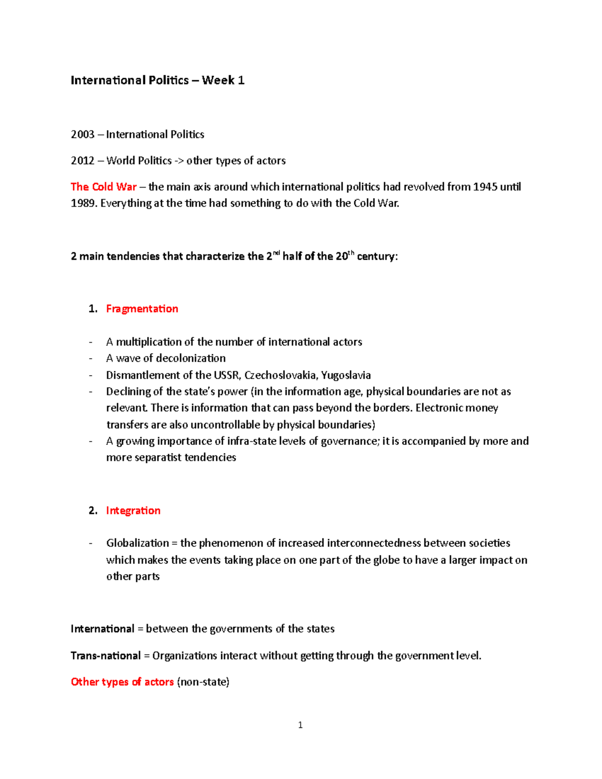 Notes Ivan Course - International Politics – Week 1 2003 ...