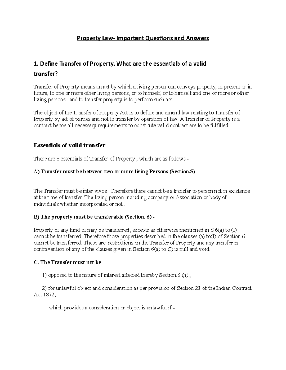 6th sem property law important questions with answer KSLU Studocu