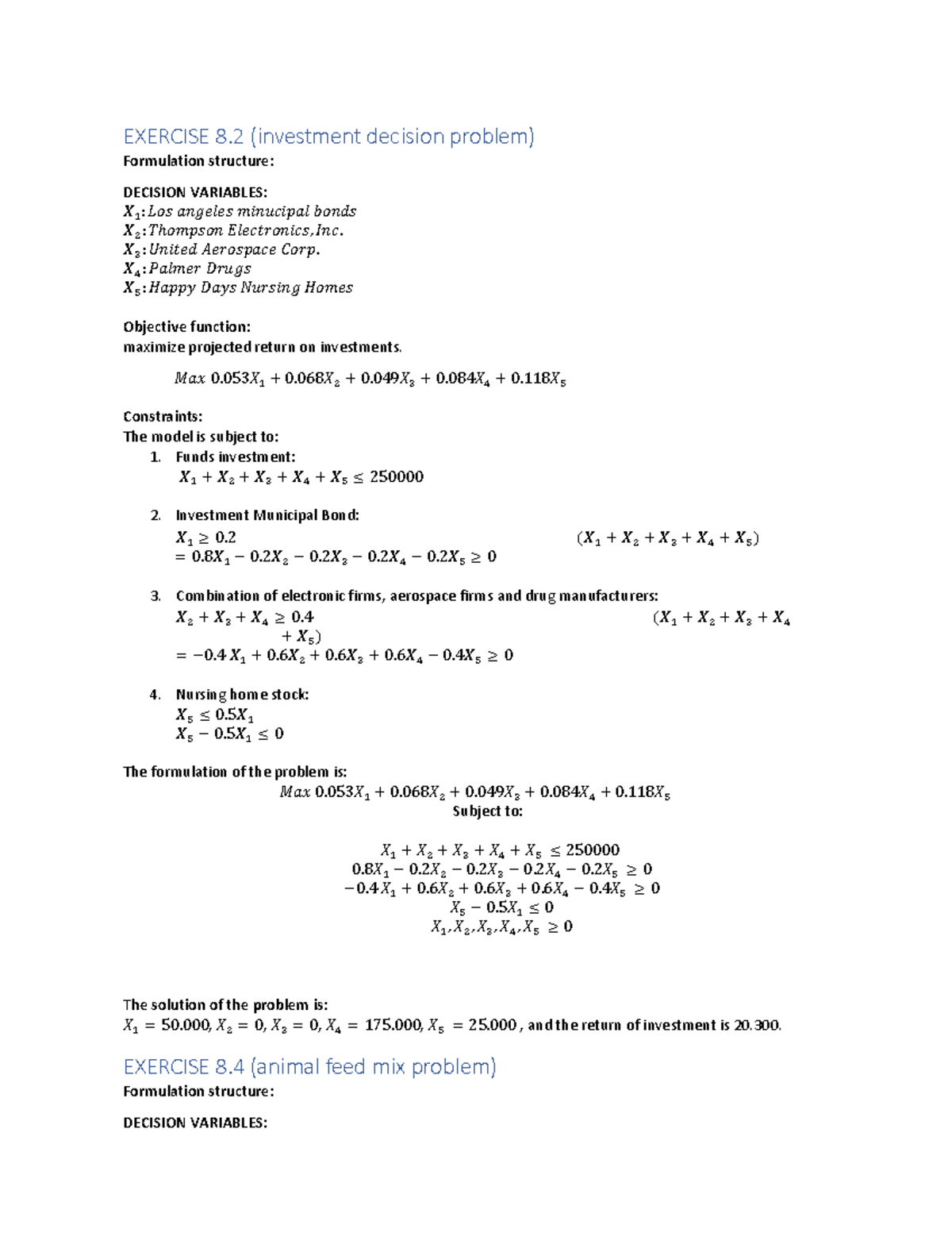 Homeworks 1, operations research - EXERCISE 8 (investment decision ...