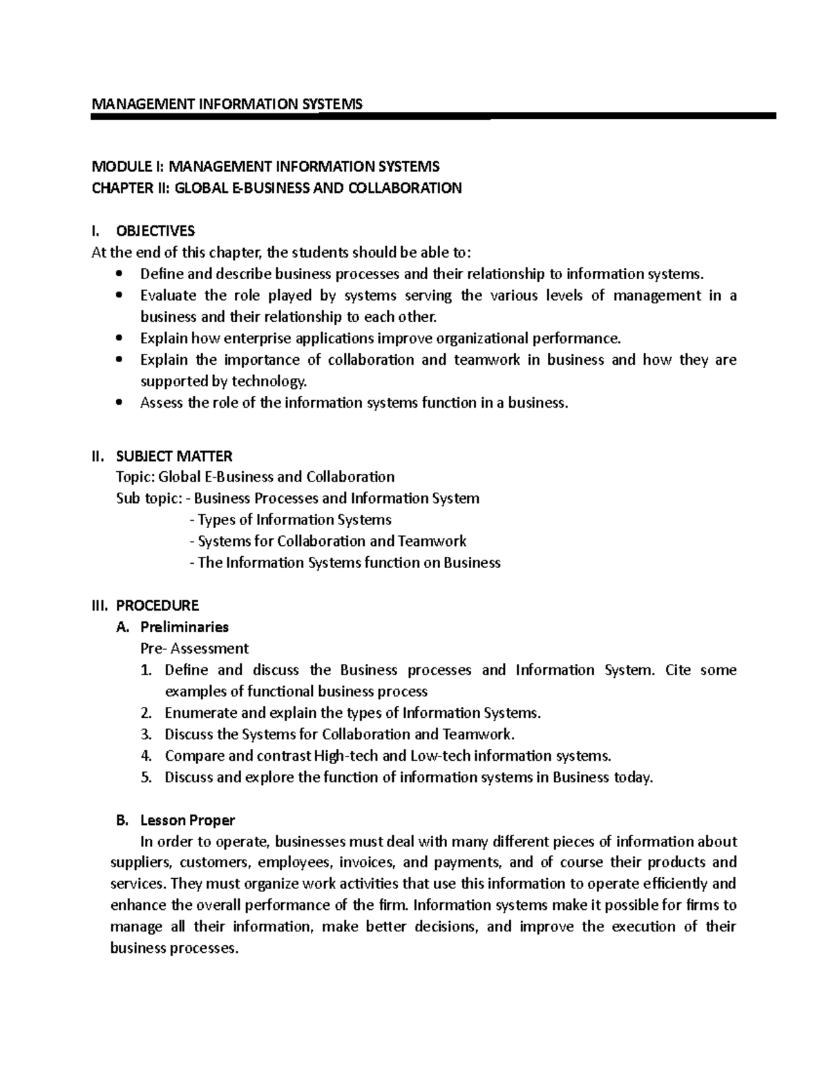 Assignment Activity Module for MISChapter2 MANAGEMENT INFORMATION