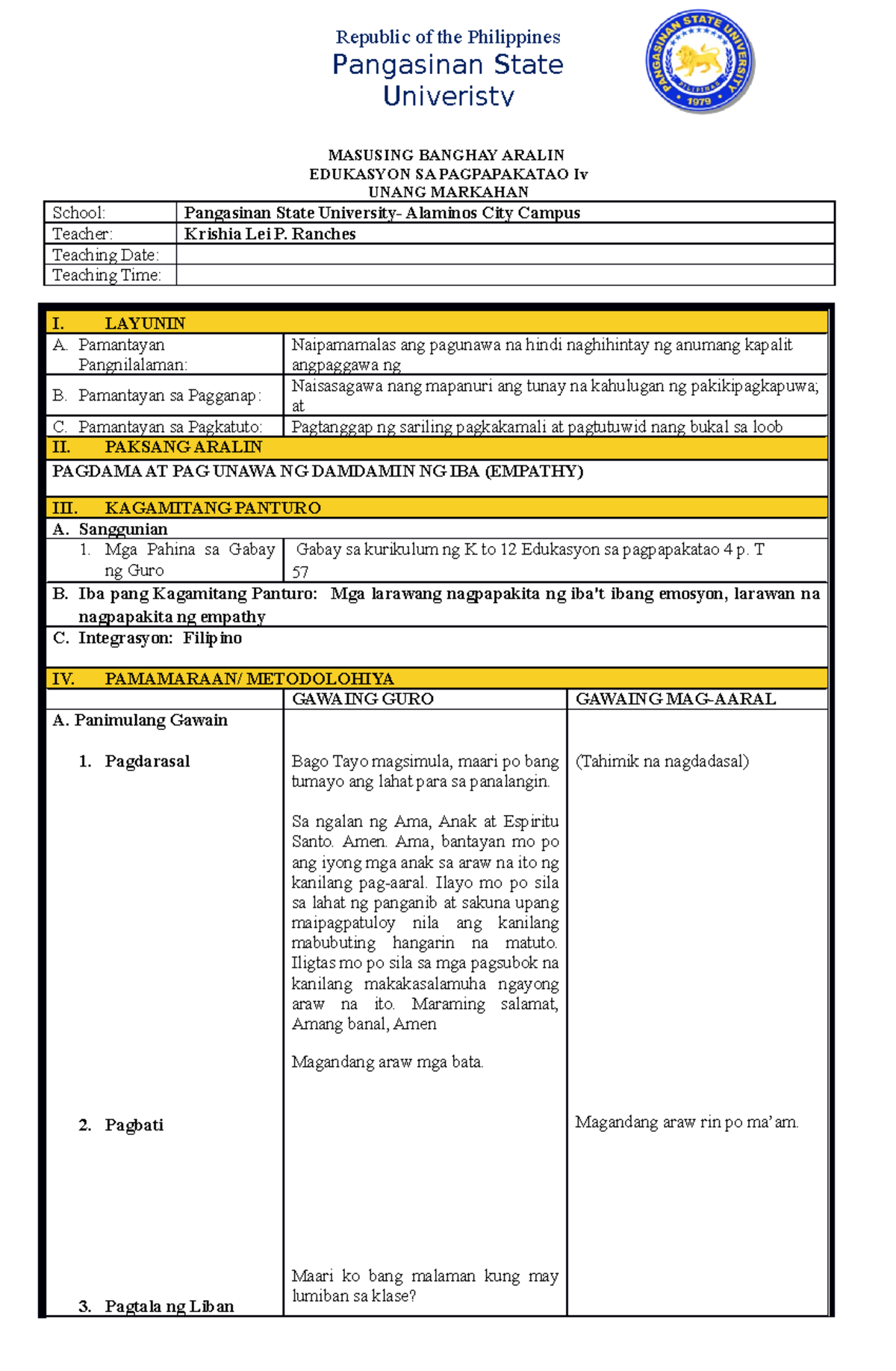 Detailed Lesson Plan Esp Masusing Banghay Aralin Edukasyon Sa Pagpapakatao Iv Unang Markahan 8510