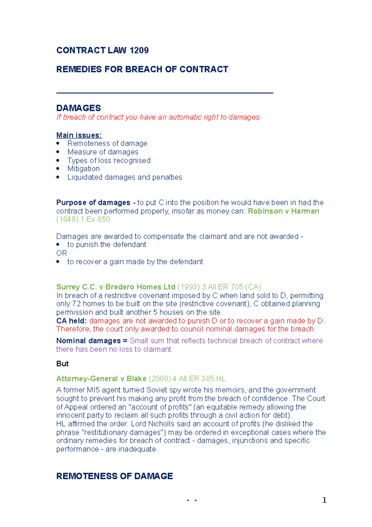 11 Damages Lecture Contract Law 1209 Remedies For Breach Of Contract