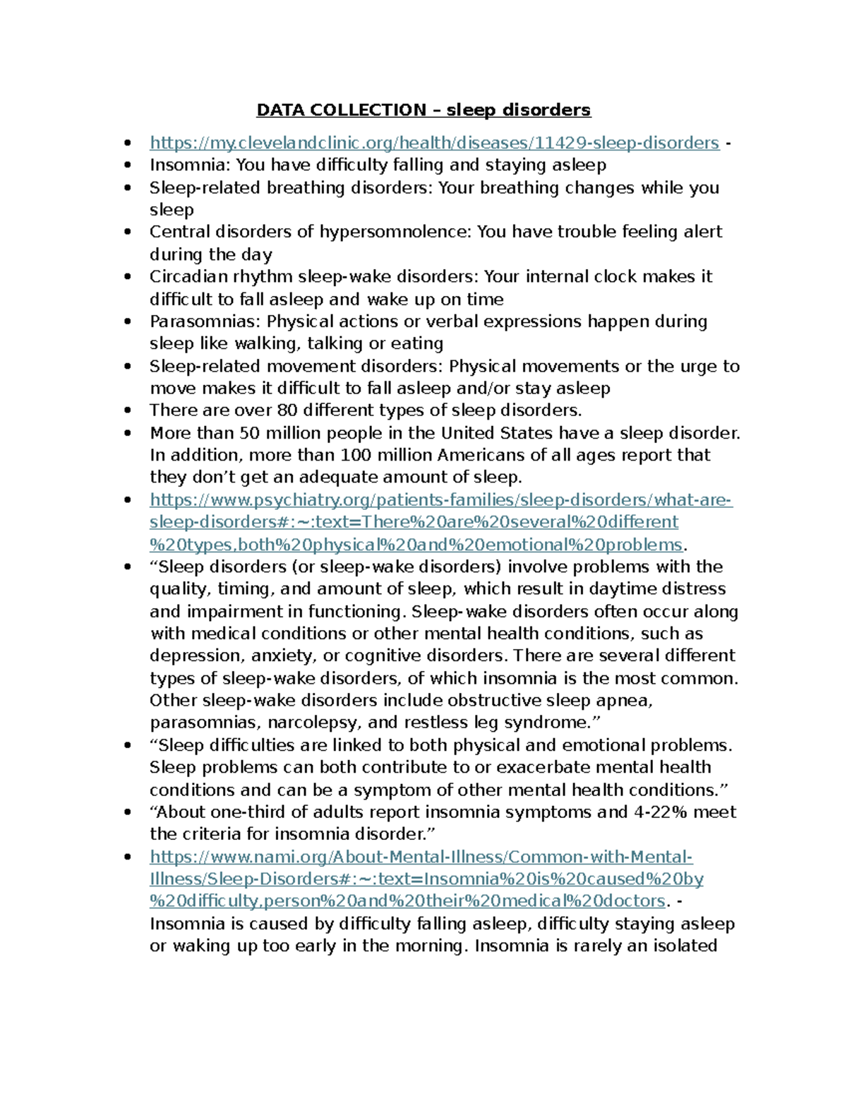 DATA Collection – sleep disorders - DATA COLLECTION – sleep disorders ...