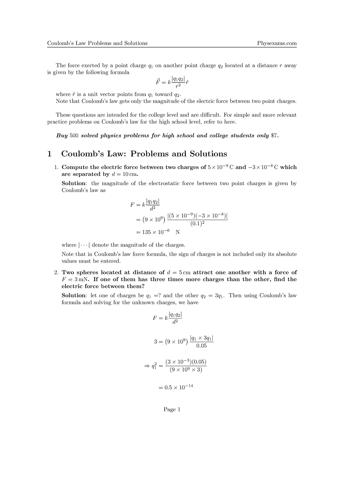 Coulombs Law Problems And Solutions - The Force Exerted By A Point ...