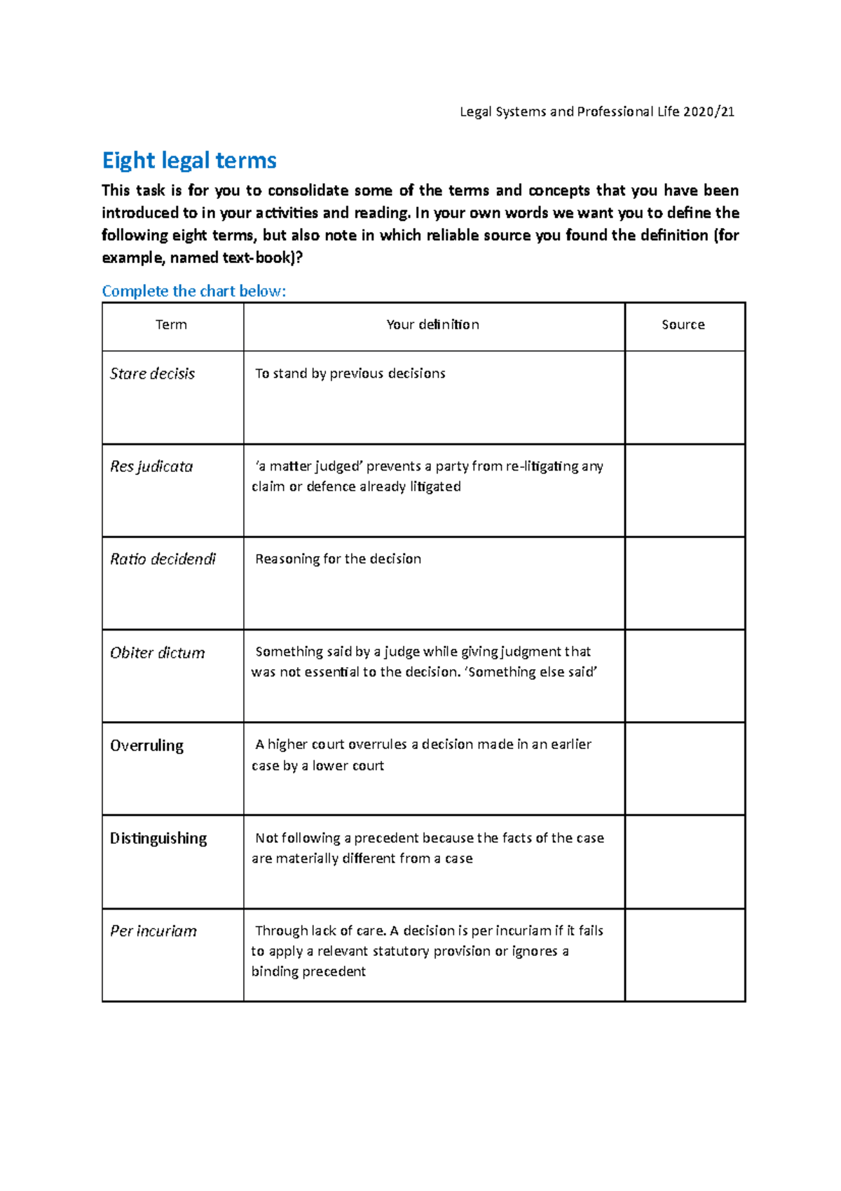 8 Legal Terms task - Legal Systems and Professional Life 2020/ Eight ...