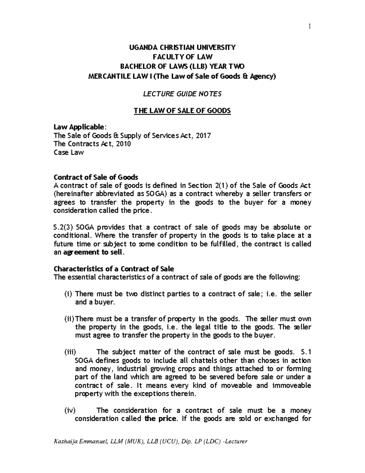 Sale of Goods Lecture Guide Notes 2021. - UGANDA CHRISTIAN UNIVERSITY ...