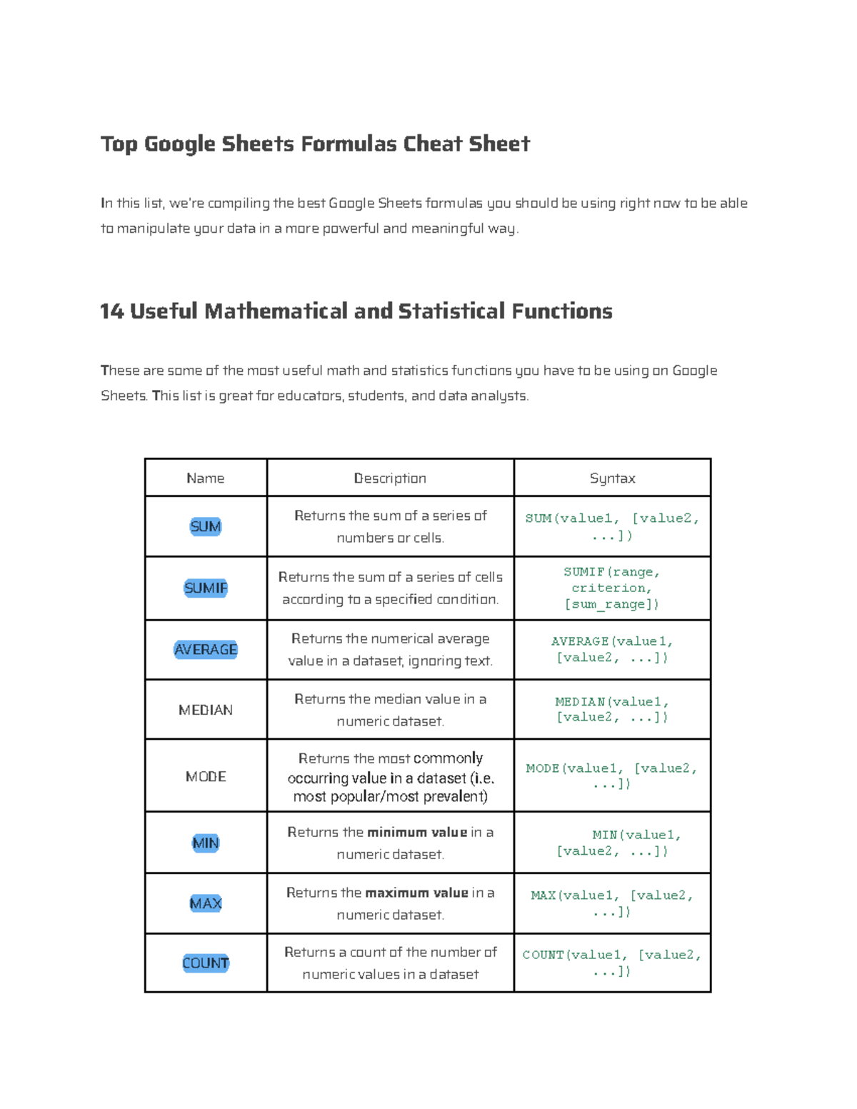 [Cheat Sheet] Google Sheets Formulas - Top Google Sheets Formulas Cheat ...