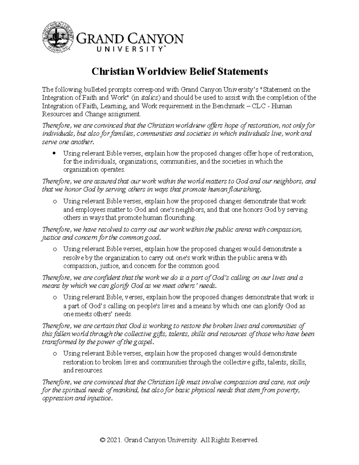 Mgt 420 Rs Christian Worldview Belief Statements - Christian Worldview 