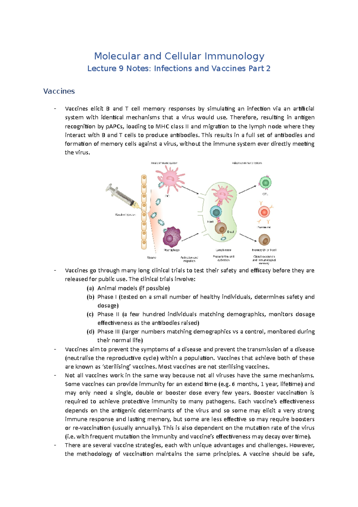 Lecture 9 Notes (Infections and Vaccines Part 2) - Molecular and ...