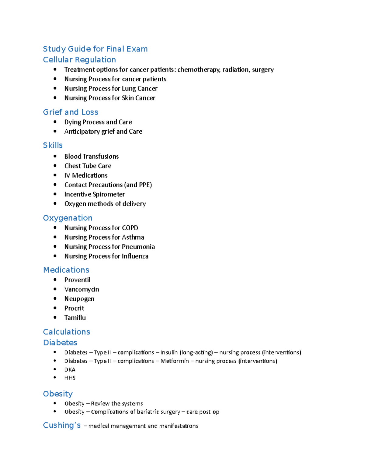 Study Guide for Final NUR 112 - Study Guide for Final Exam Cellular ...