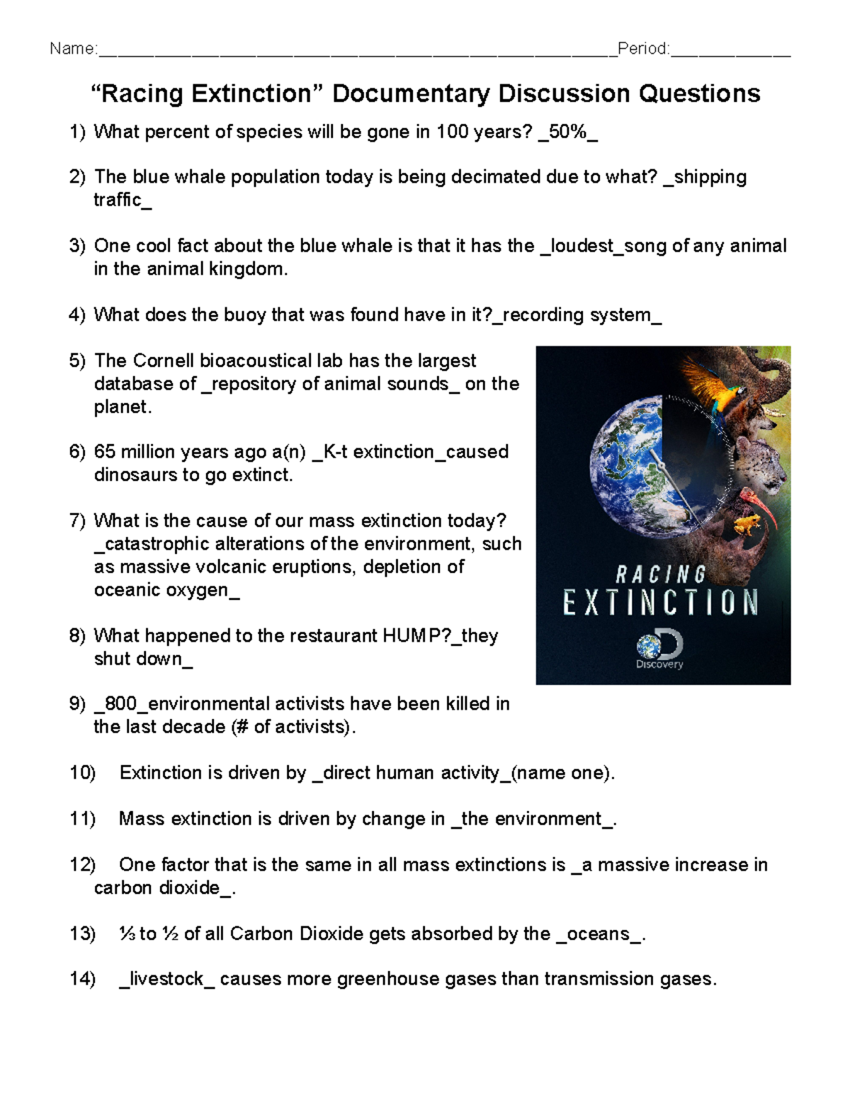 Copy Of Racing Extinction Questions For Documentary Studocu