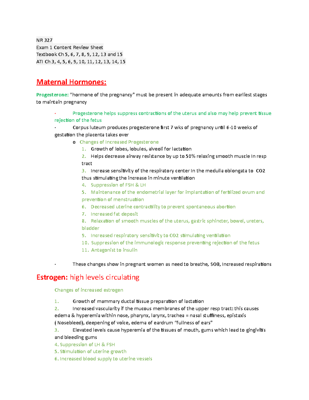 Copy of Exam Review 1- Maternal - NR 327 Exam 1 Content Review Sheet ...