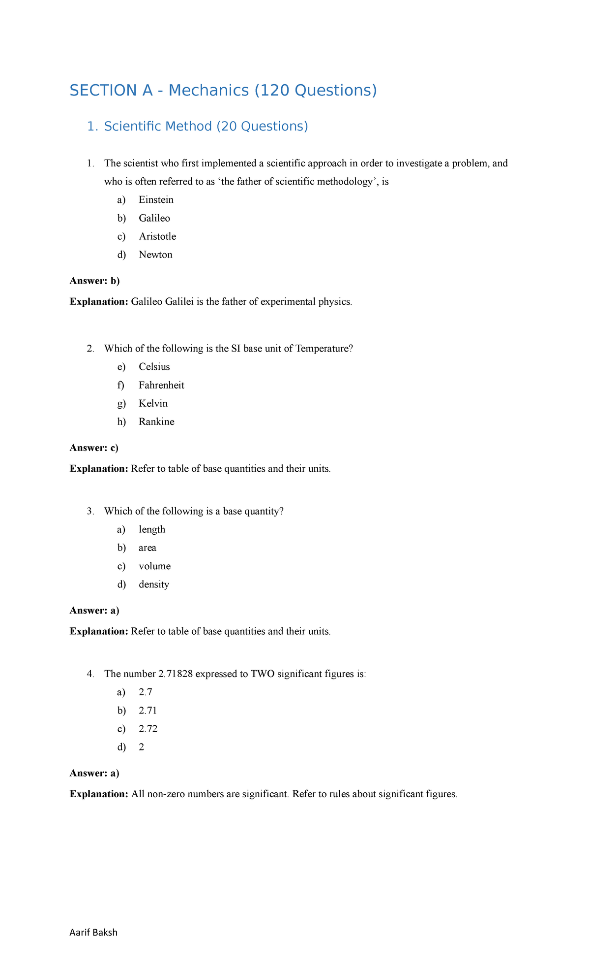 Physics A1 Question with answers on Mechanics SECTION A Mechanics