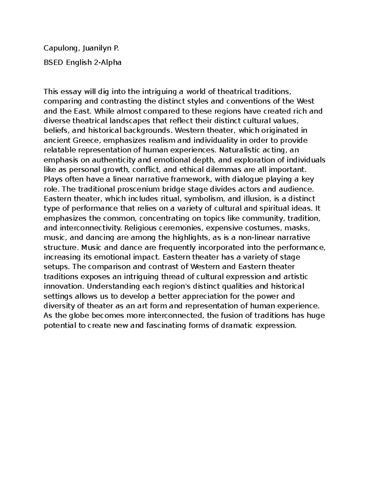Speech and theater - Capulong, Juanilyn P. BSED English 2-Alpha This ...