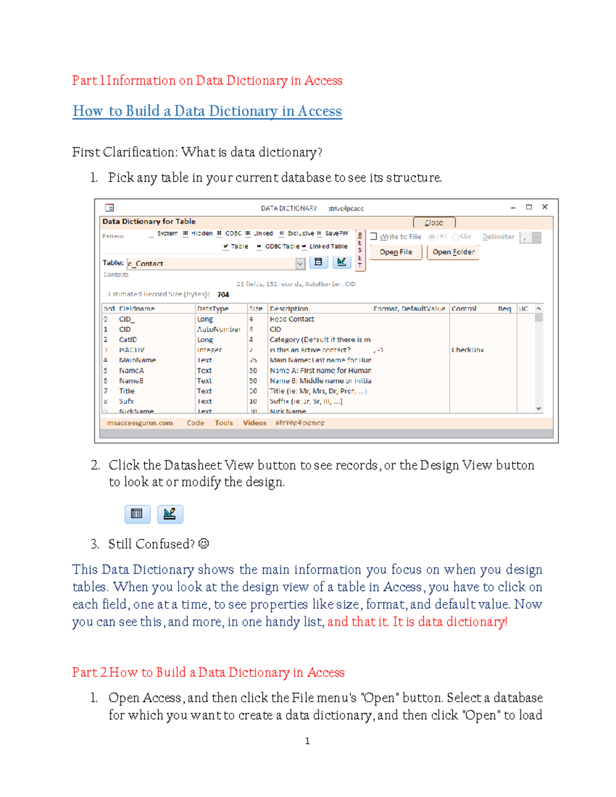 Information on Data Dictionary - Click the Datasheet View button to see ...