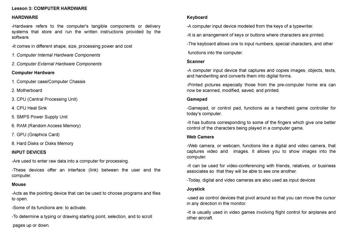 Lesson-3 Computer Hardware - Lesson 3: COMPUTER HARDWARE HARDWARE ...