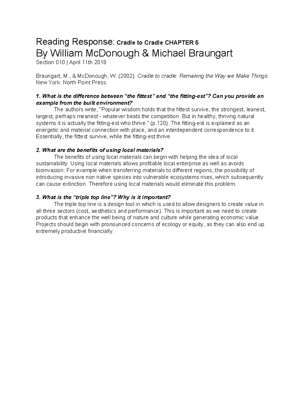 Reading Response Cradle to Cradle Chapter 5 Reading Response Cradle