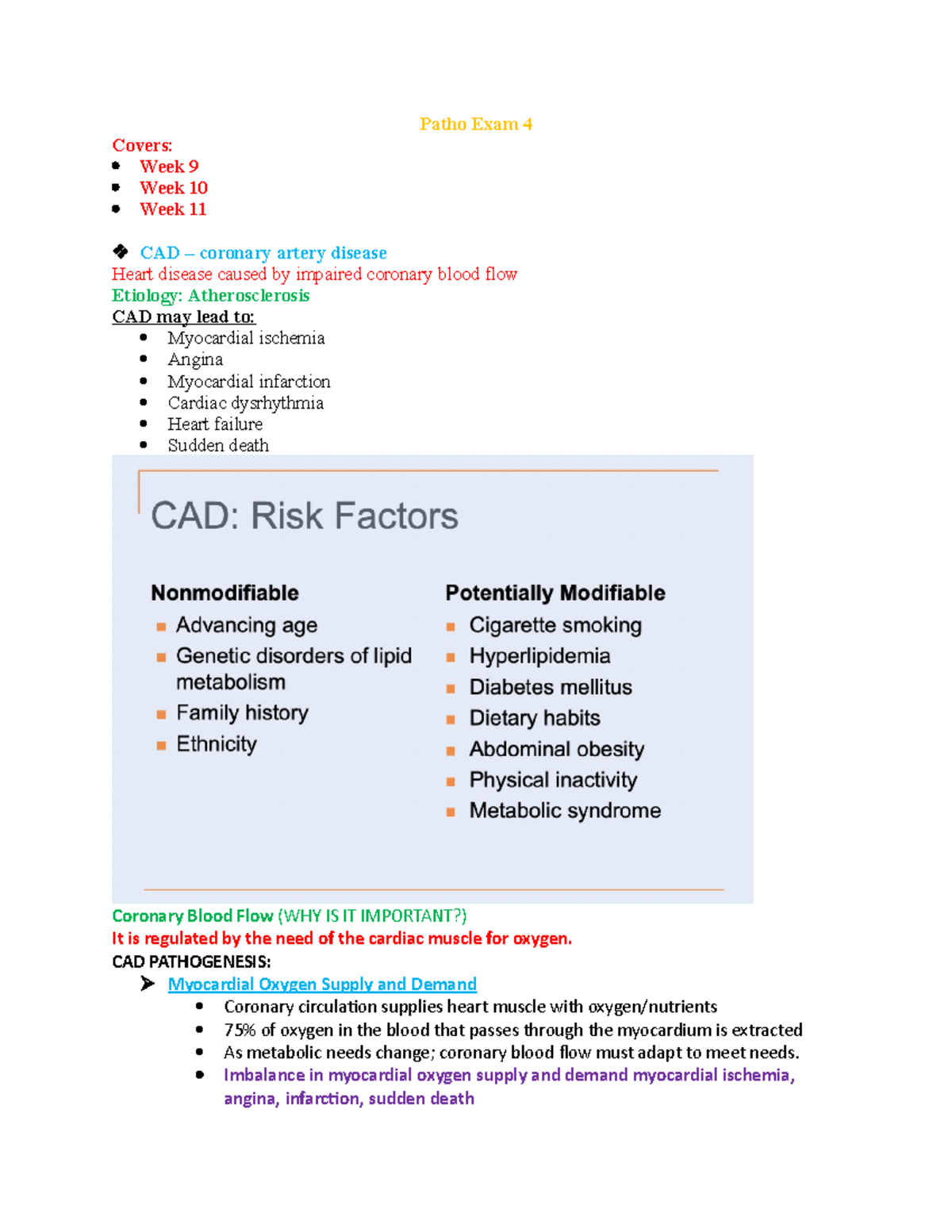 Patho Exam 4 CAD and HF - Patho Exam 4 Covers: Week 9 Week 10 Week 11 ...