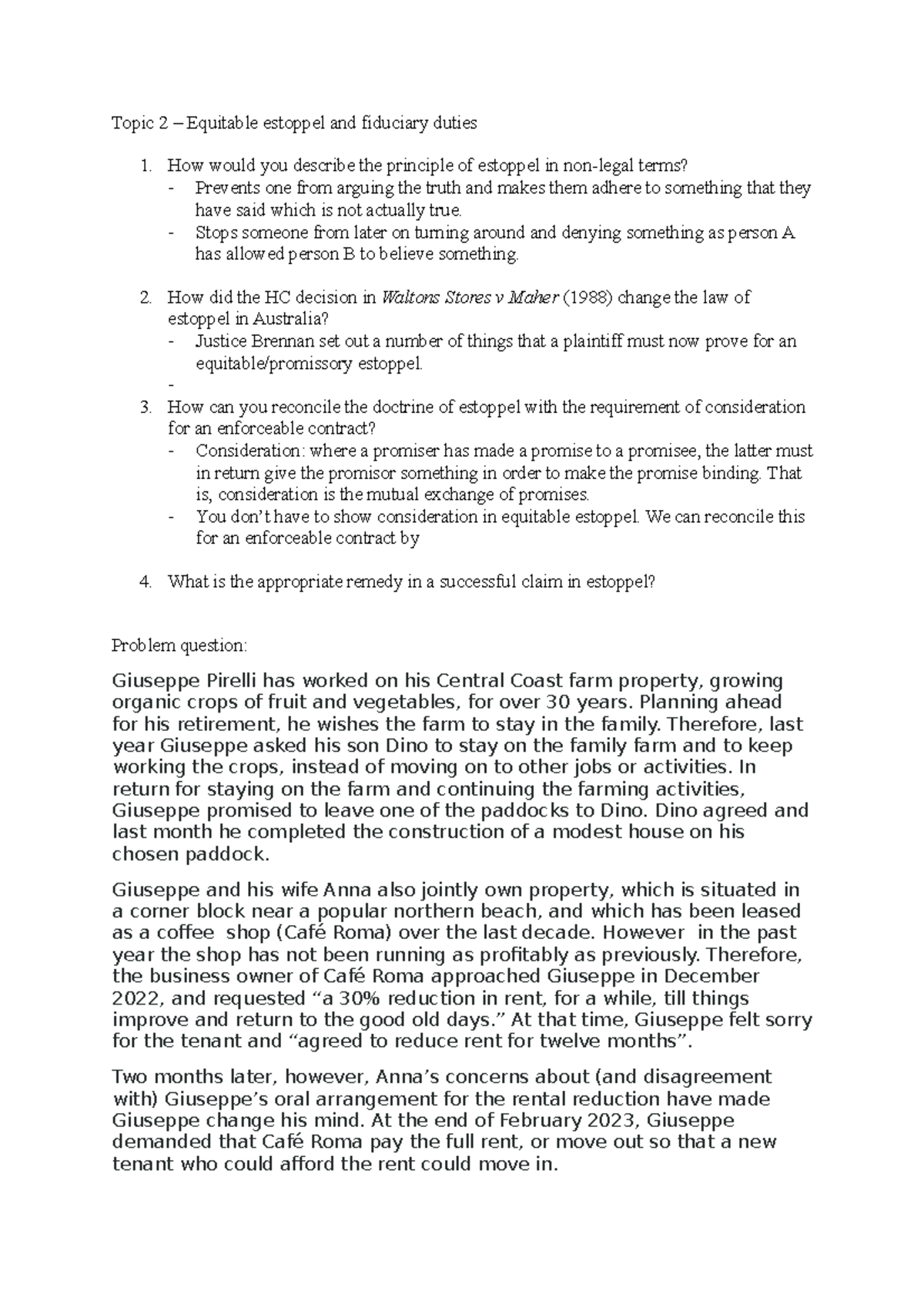 Topic 2 - Equitable estoppel and fiduciary duties - Topic 2 – Equitable ...