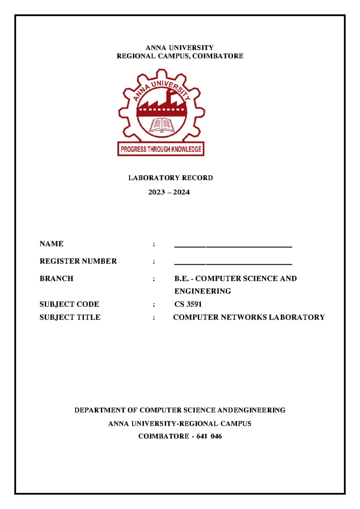 CN - Lab manual - ANNA UNIVERSITY REGIONAL CAMPUS, COIMBATORE ...