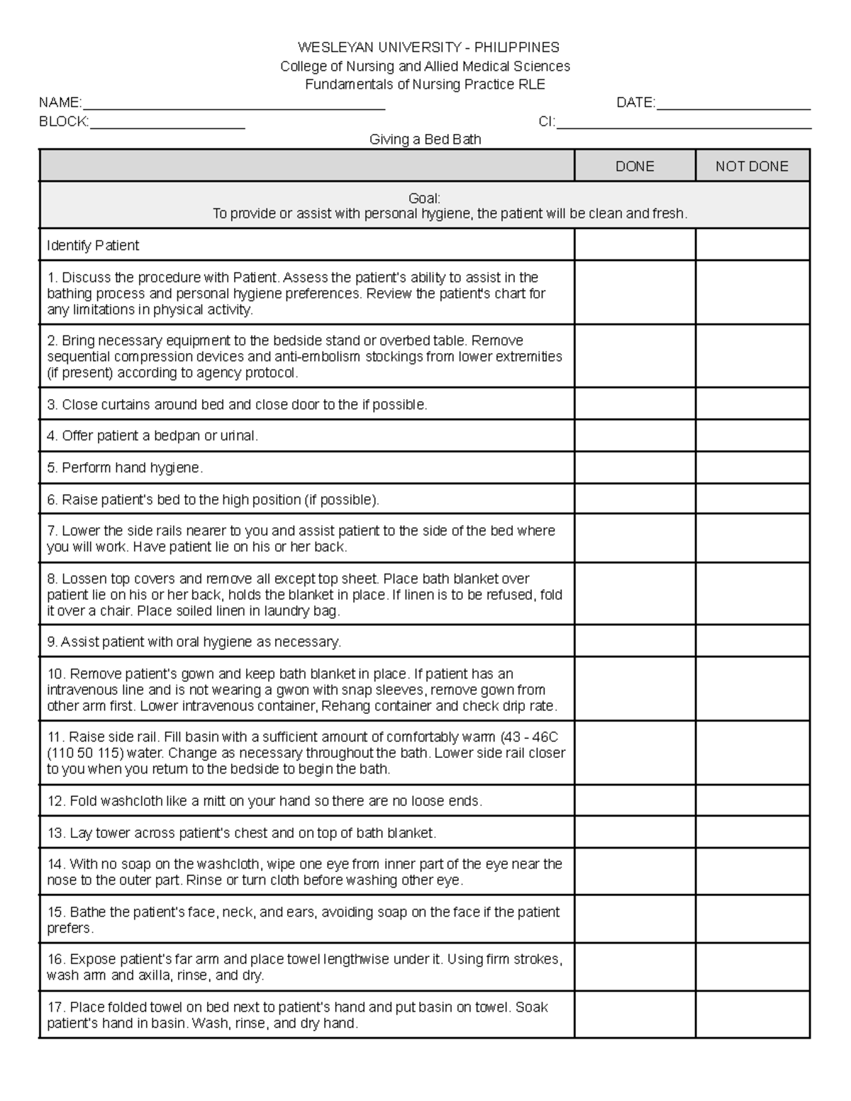 BED BATH Checklist - Yah - WESLEYAN UNIVERSITY - PHILIPPINES College of ...