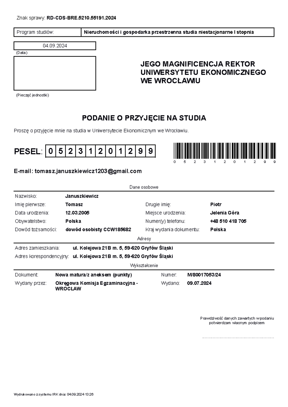 Podanie o przyjęcie na studia - Znak sprawy: RD-CDS-BRE.5210. Program