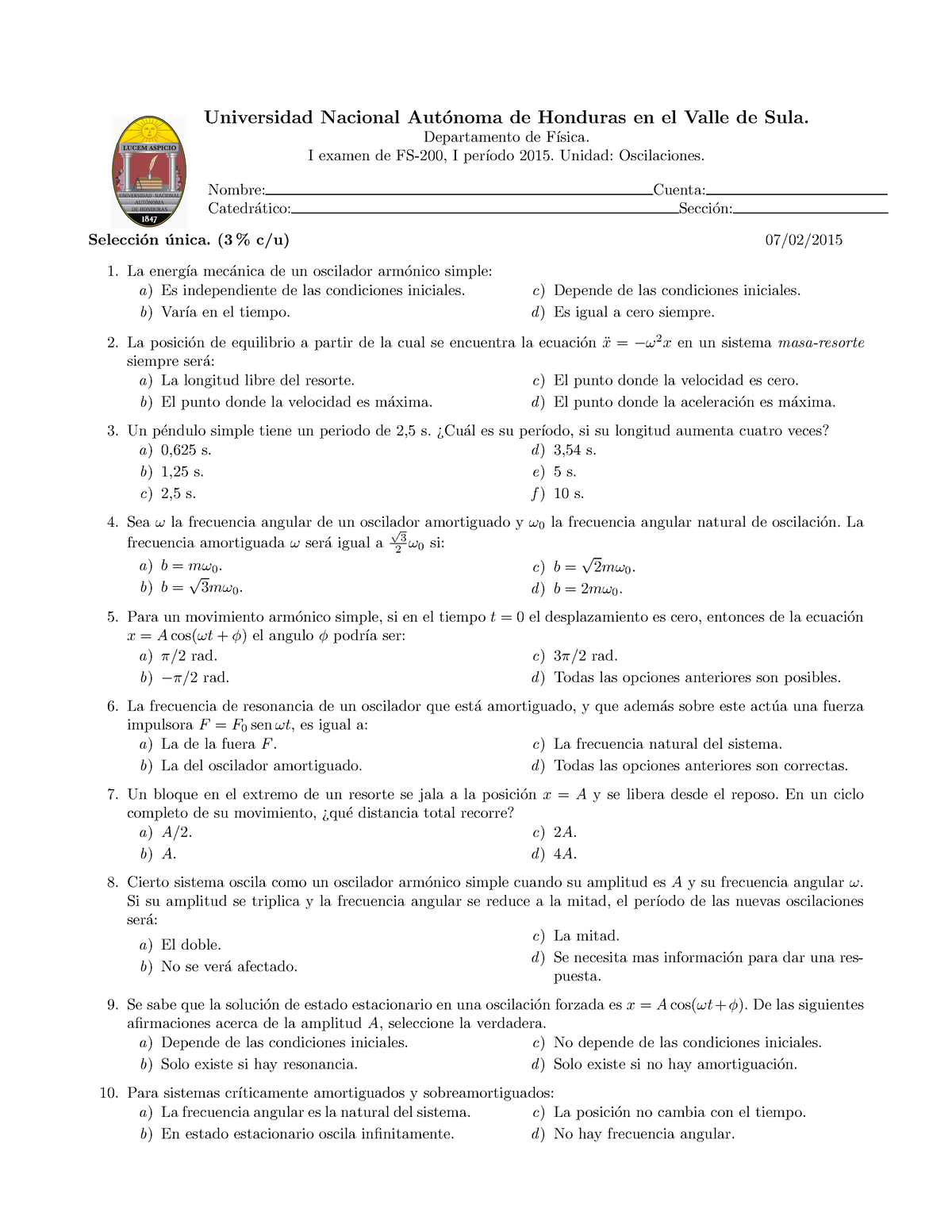 Fs200 Examen Aplicado I 2015 Universidad Nacional Aut ́onoma De Honduras En El Valle De Sula 6706