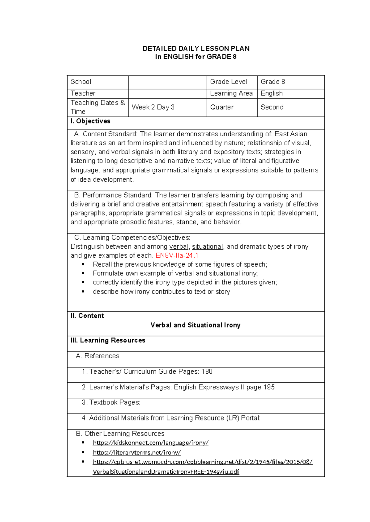 Detailed Daily Lesson PLAN In English fo - DETAILED DAILY LESSON PLAN ...