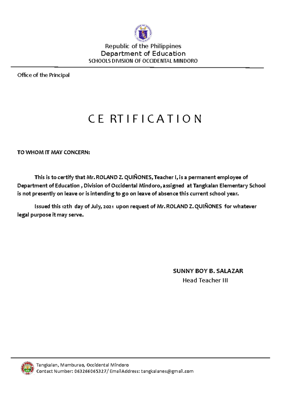 Certification OF Emplyment - Republic of the Philippines Department of ...