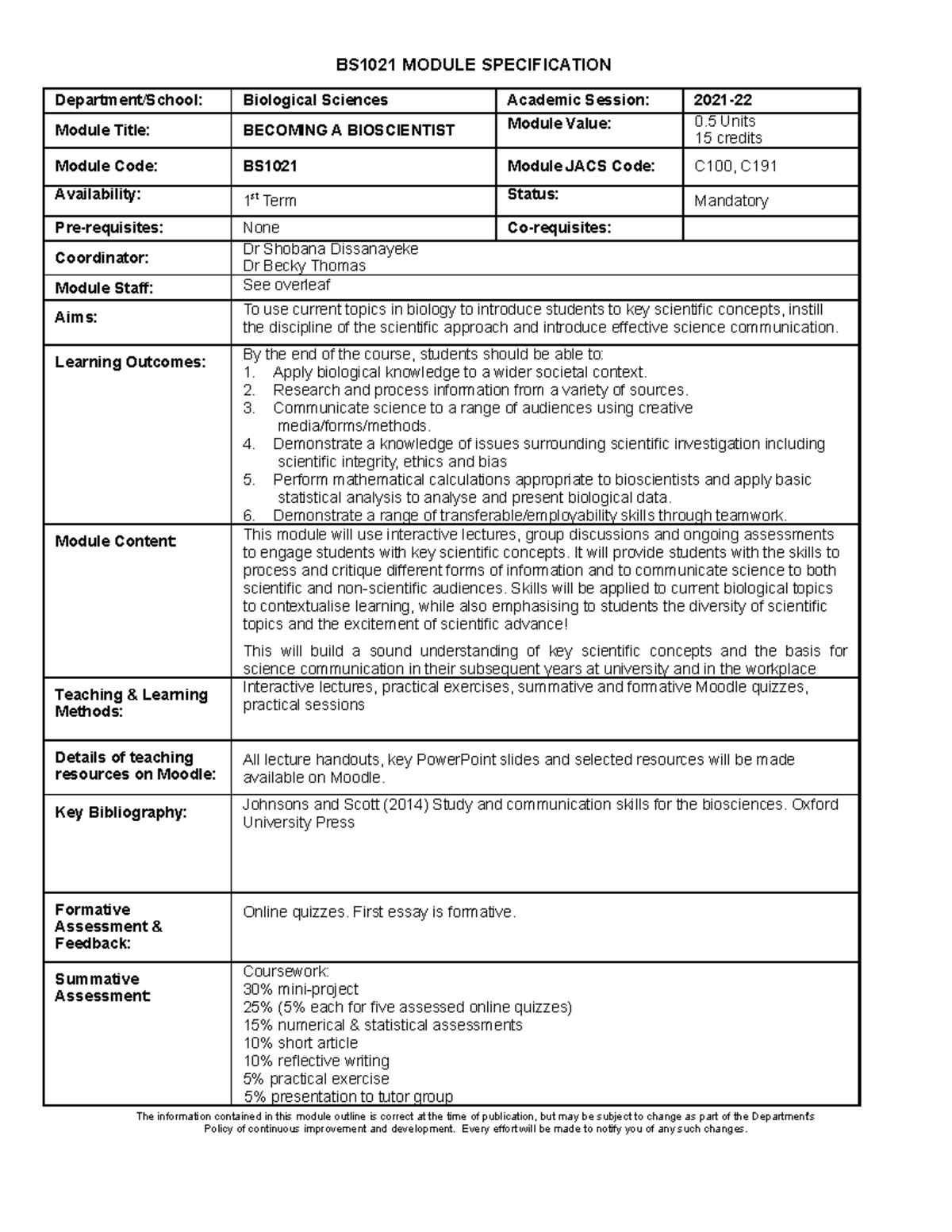 BS1021 Becoming a Bioscientist Module Spec 2021-22 Draft - BS1021 ...