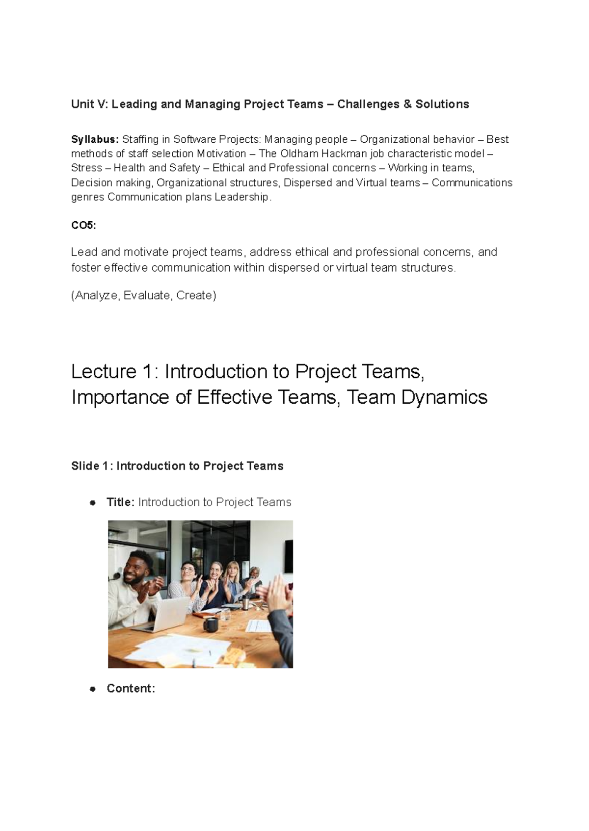 Unit V- Leading and Managing Project Teams - Challenges - Solutions ...