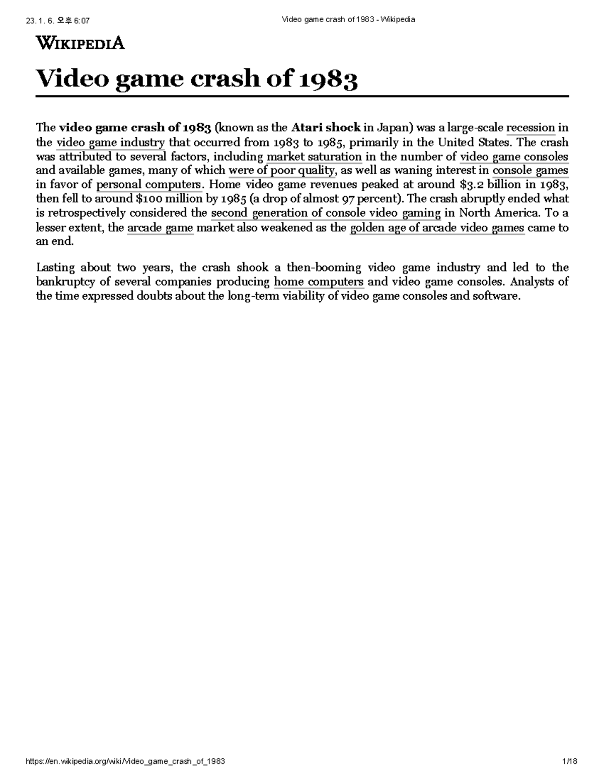 Video game crash of 1983 Video game crash of 1983 The video game