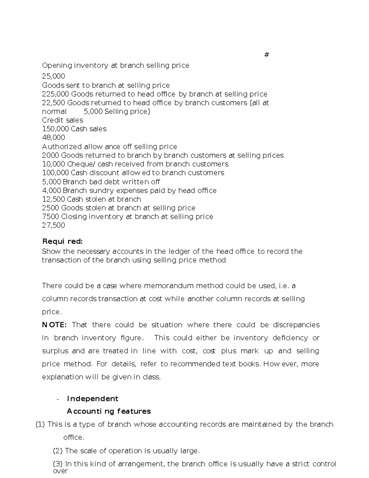 Acctg414 Lecture notes - Opening inventory at branch selling price 25 ...