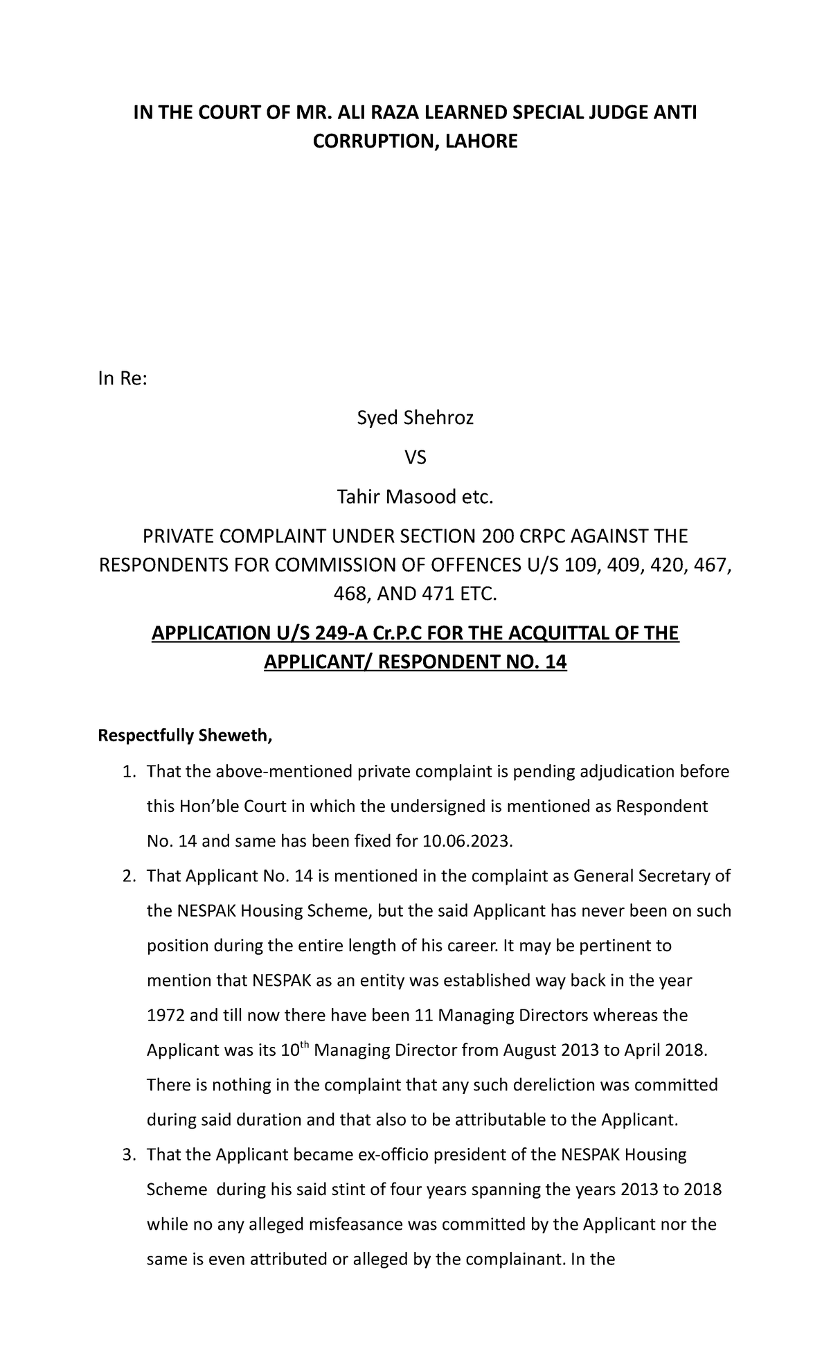 Application 249 A Amjad Ali Khan - IN THE COURT OF MR. ALI RAZA LEARNED ...