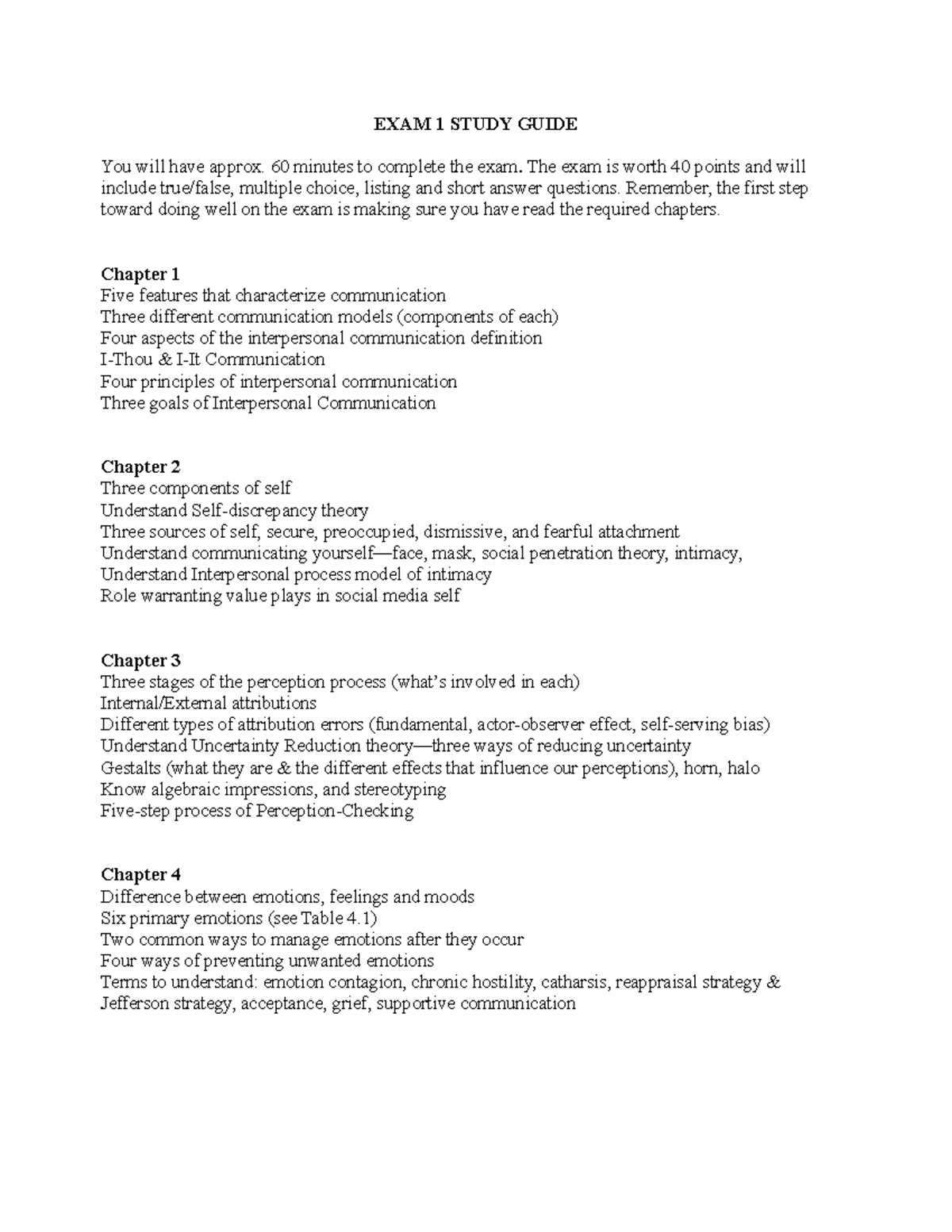 Exam 1 Study Guide-revised-2022 - EXAM 1 STUDY GUIDE You will have ...