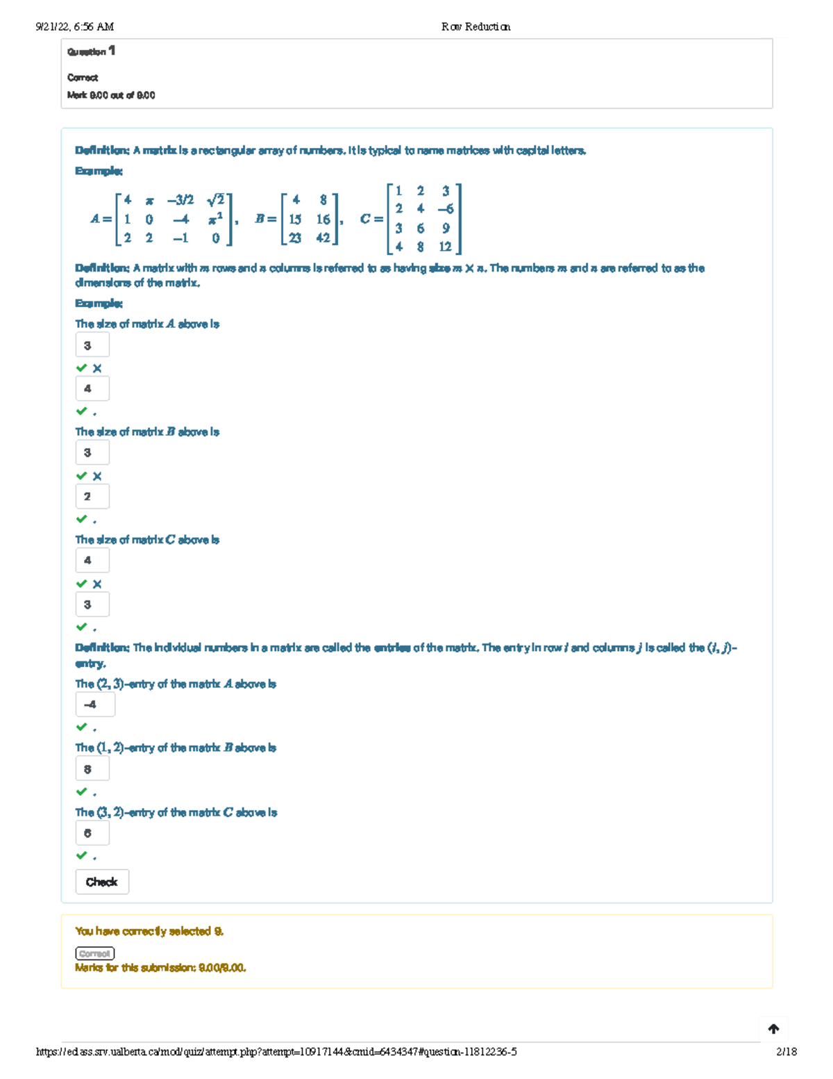 Row Reduction - Question 1 Cor rec t Mark 9. 00 out of 9. 00 Definition ...