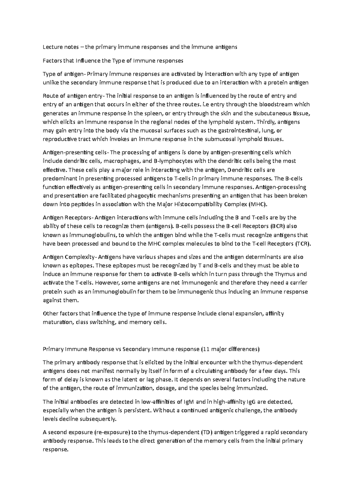 Lecture notes – the primary immune responses and the immune antigens ...