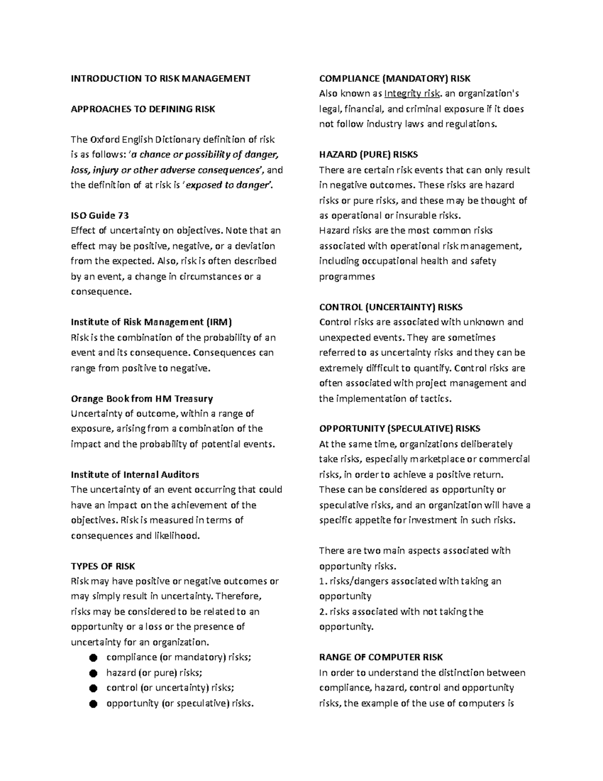 Reviewer INTRODUCTION TO RISK MANAGEMENT APPROACHES TO DEFINING RISK