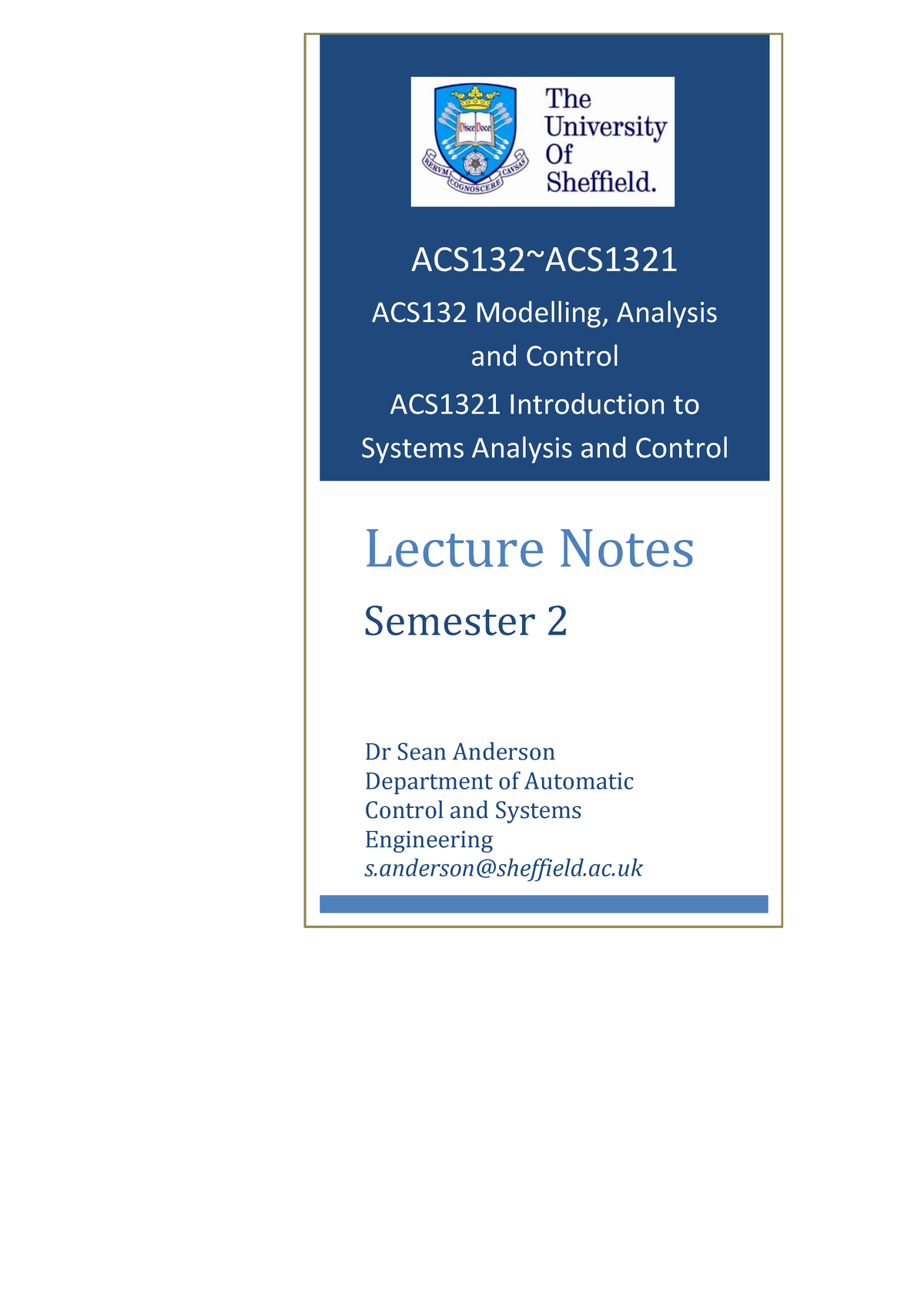 2nd Year Aero Control Notes - Lecture Notes Semester 2 Dr Sean Anderson ...