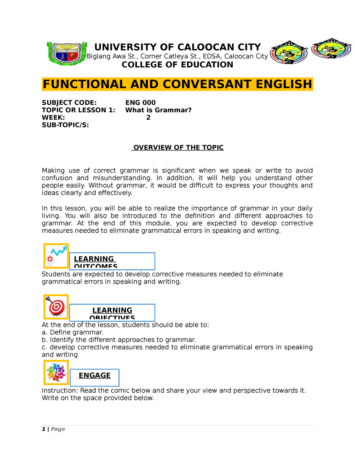 ENG000 Module 1 - Have Fun! - UNIVERSITY OF CALOOCAN CITY Biglang Awa ...