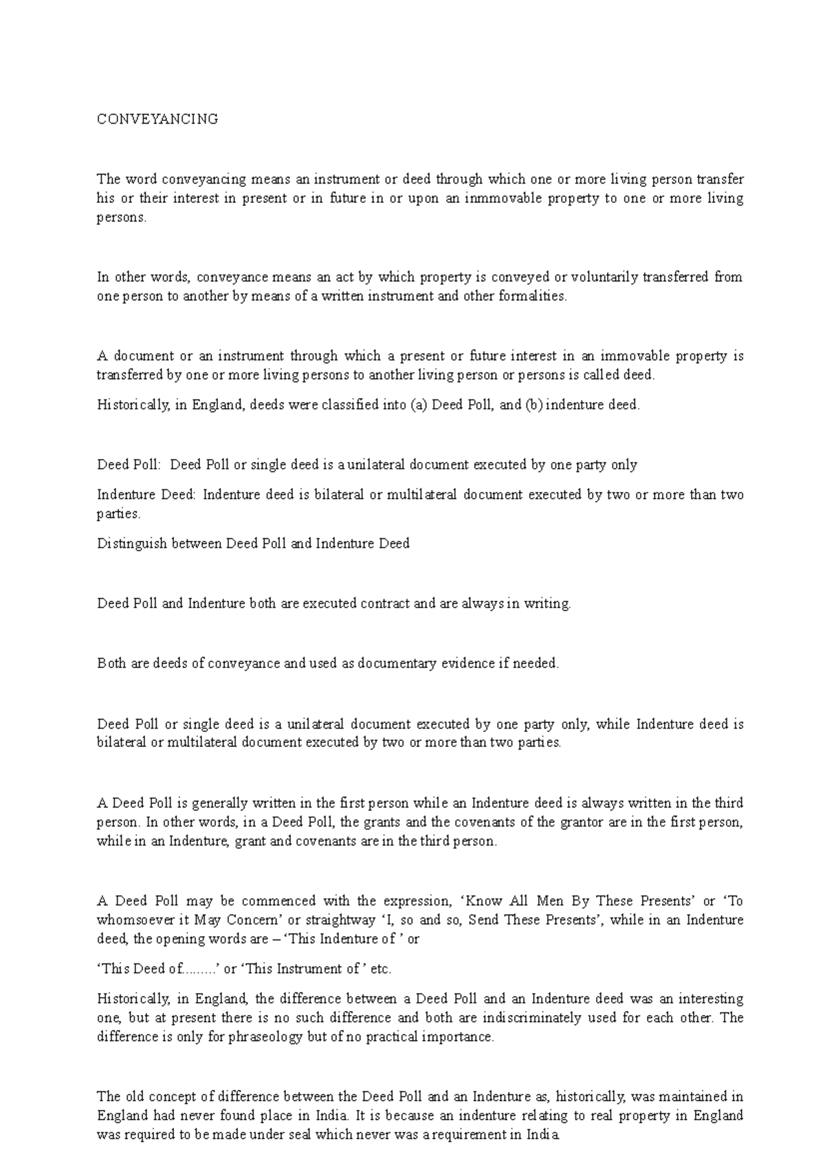 Conveyance corporate law CONVEYANCING The word conveyancing means an instrument or deed