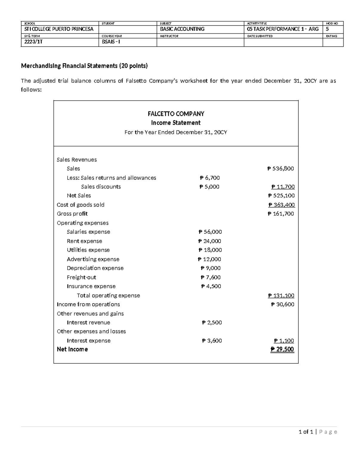 Basic Accounting 05 Task Performance 1 SCHOOL STUDENT SUBJECT