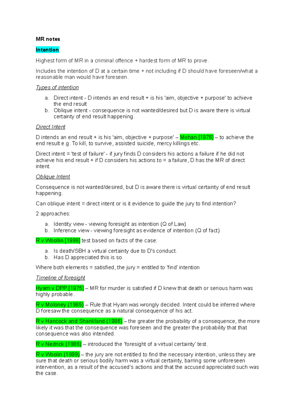 Defences; Duress Criminal Law Textbook MR notes Intention Highest