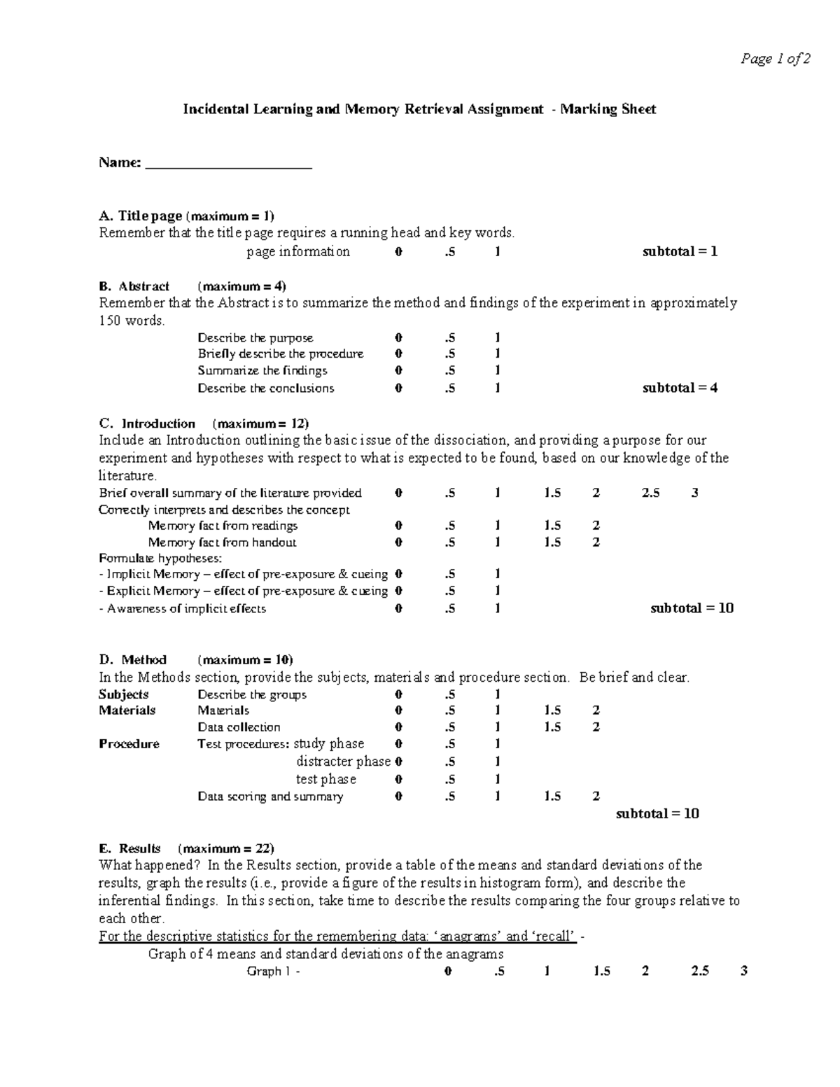 Incidental Learning Memory Retrieval marking sheet 2021 - Page 1 of 2 ...